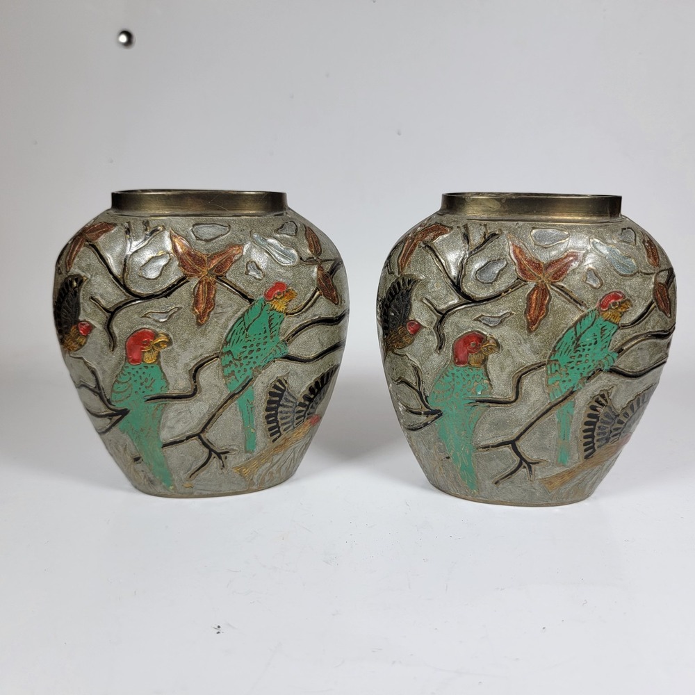 Vintage Brass and Enamel Cloisonné Floral Bud Flat Vase 4.25" Teal‎ Birds